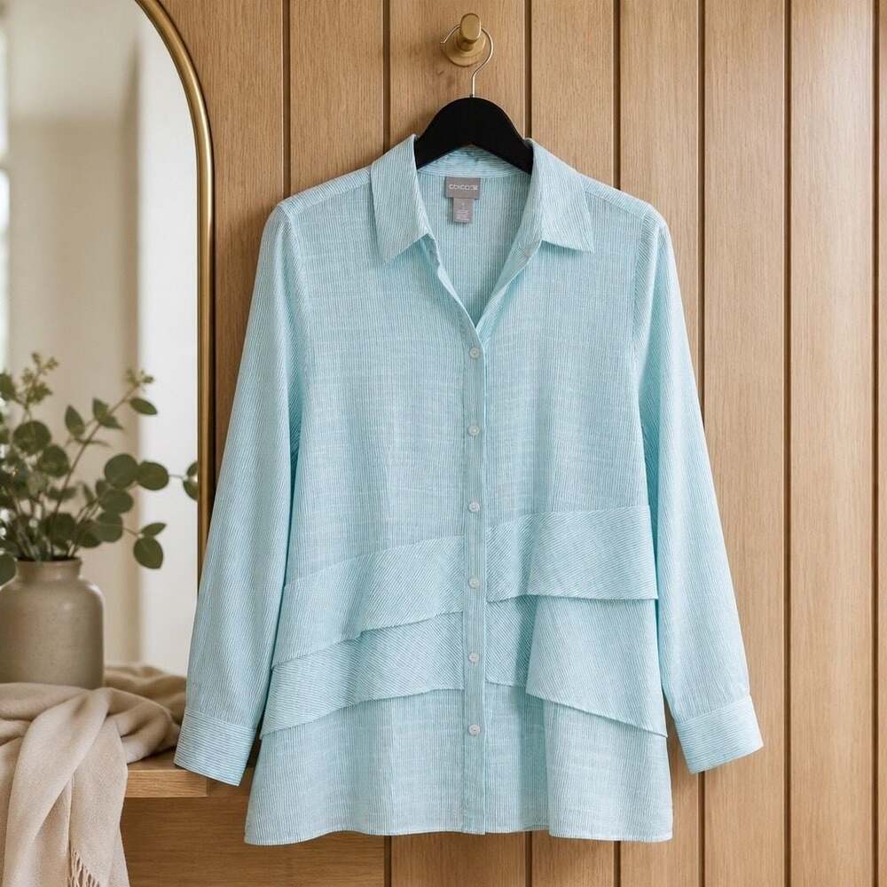 Chico's Striped Tiered Ruffle Front Long Sleeve Cotton Blouse #761